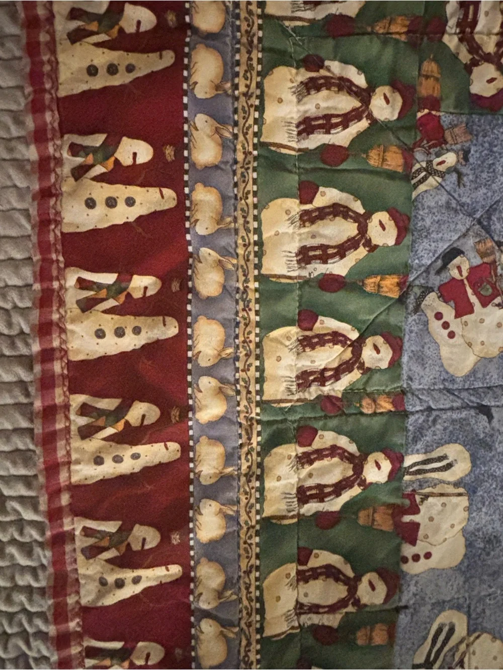 Cute Snowman Patchwork Quilt - Festive Red, Blue, Cream